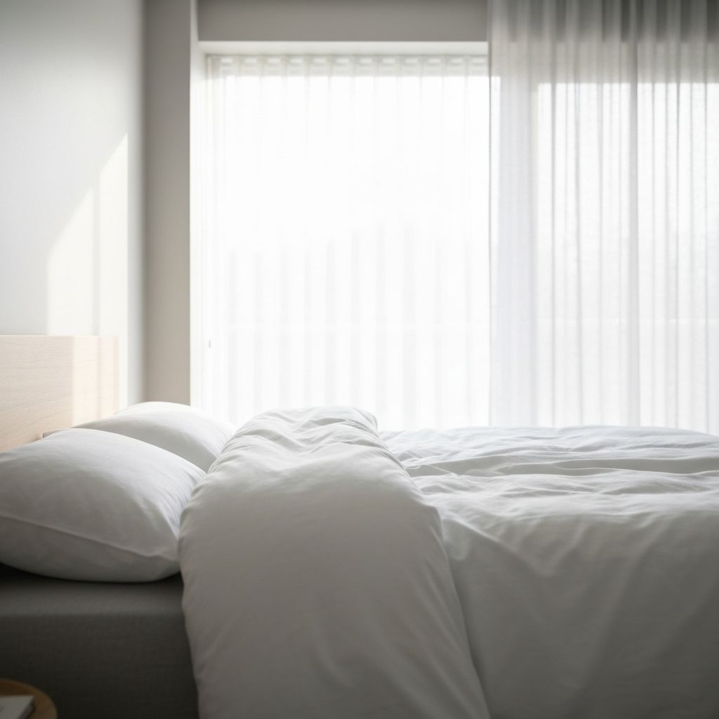Peaceful bedroom scene with clean bedding